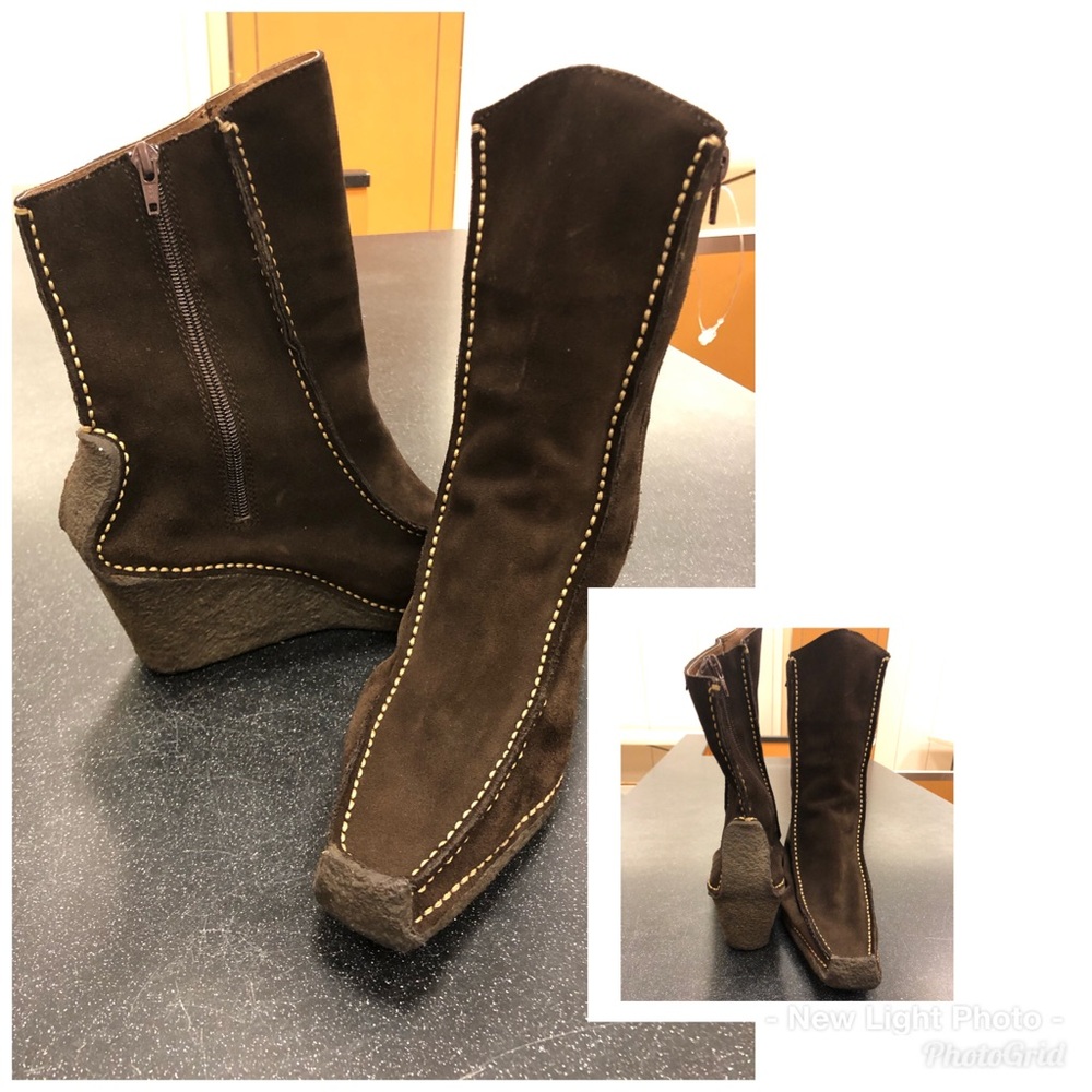 Brown suede booties.